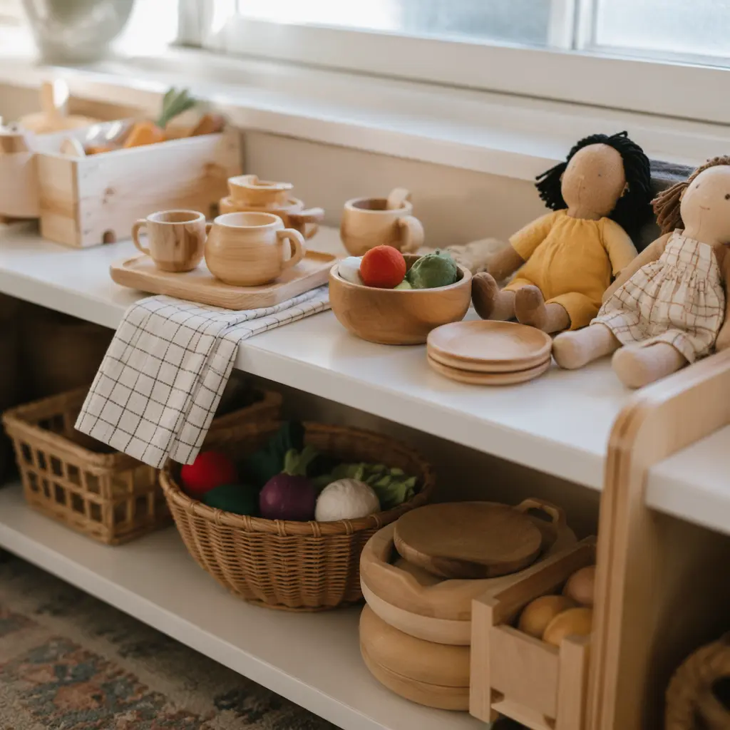 Low shelf with toddler pretend play toys