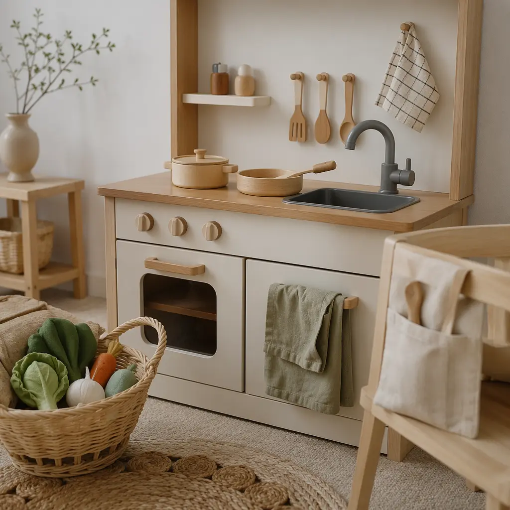 Toddler-scale pretend play setup in a home