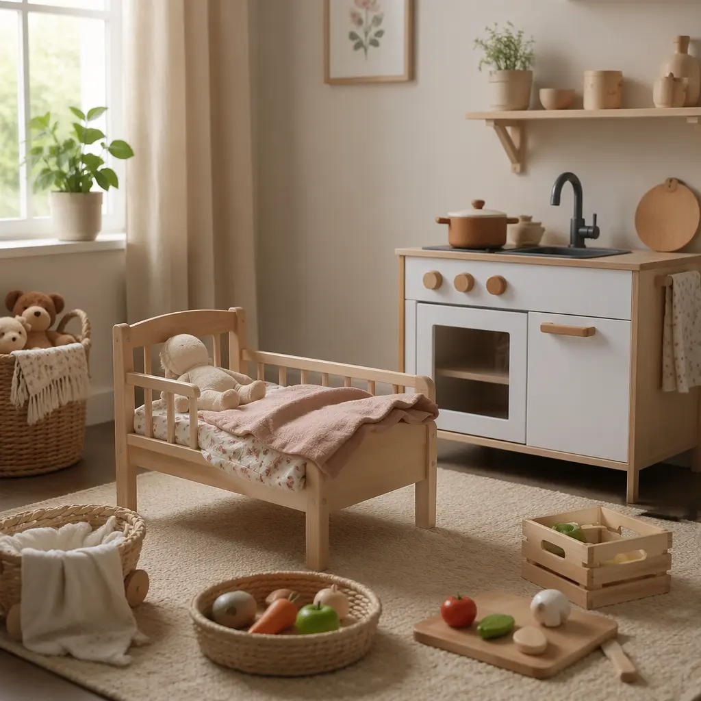 Pretend play toys arranged in a calm toddler playroom