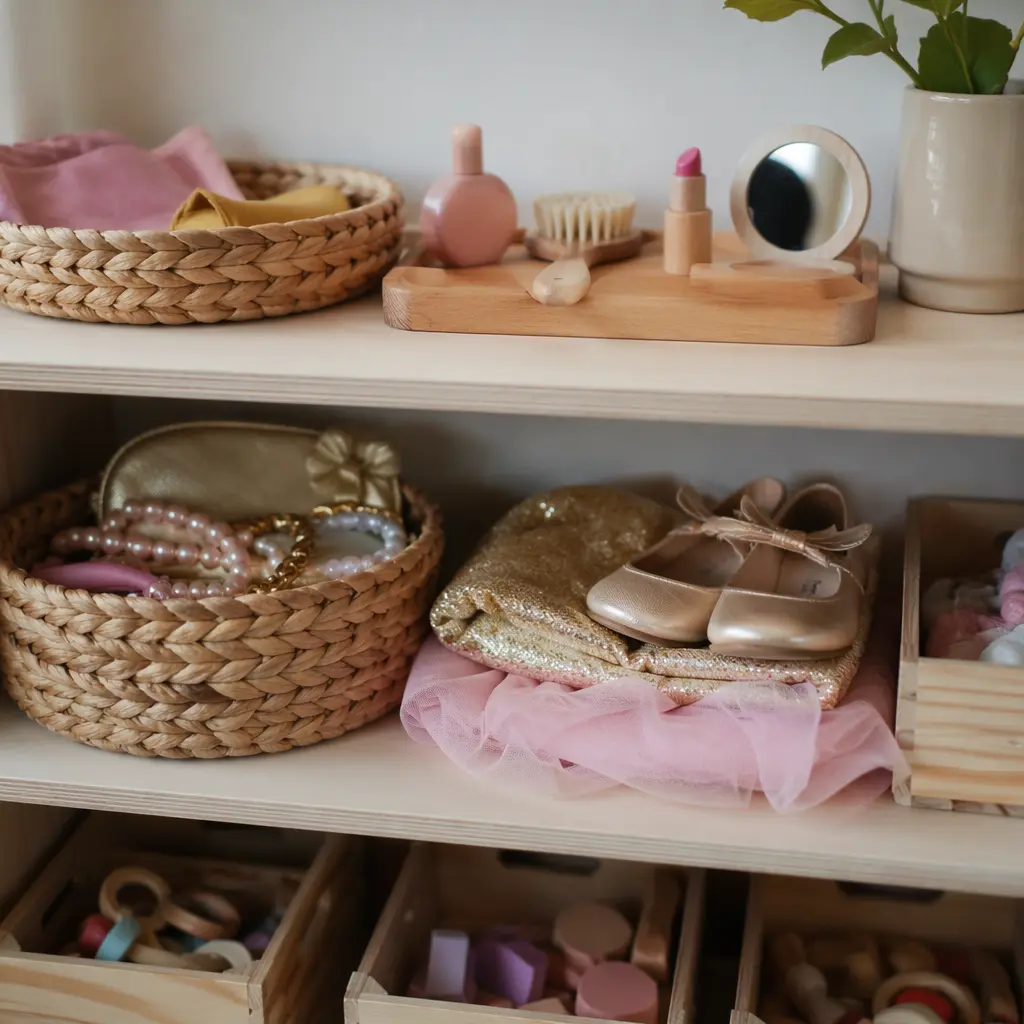 Pretend play accessories organized and ready for use