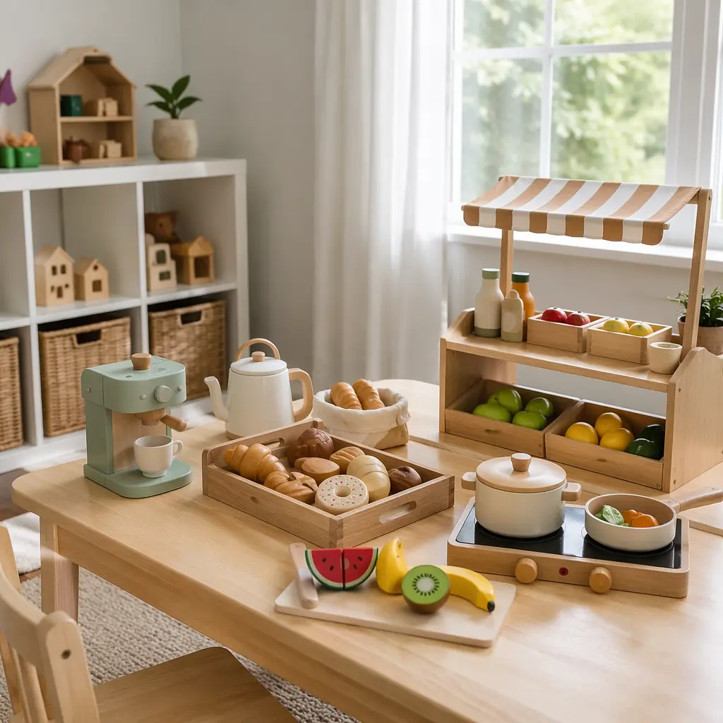 Pretend play toys arranged in a playroom ready for independent play