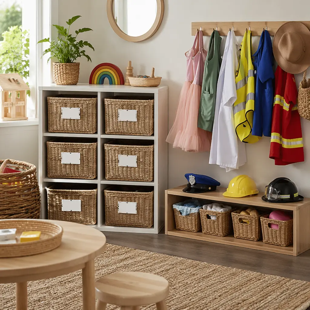 Organized pretend play corner designed for easy cleanup