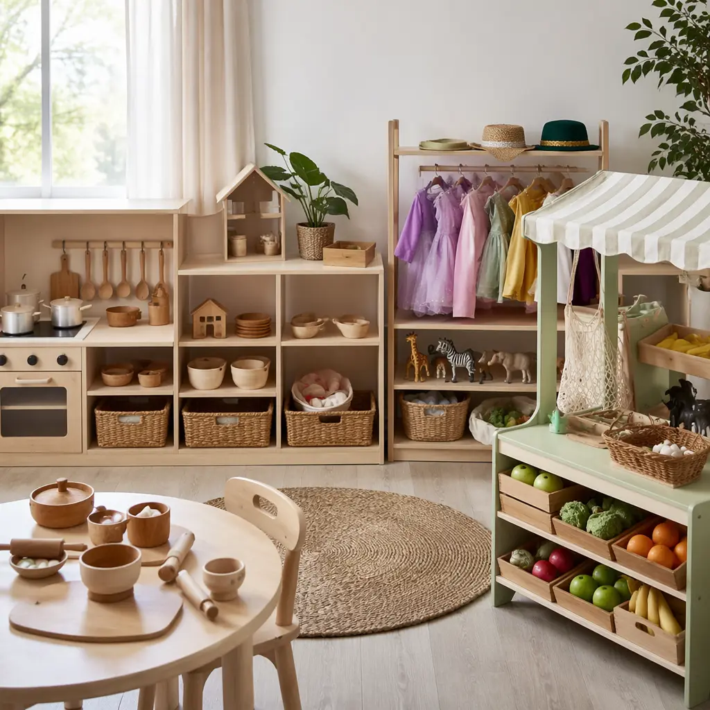 Open-ended pretend play toys arranged on low shelves in a bright playroom