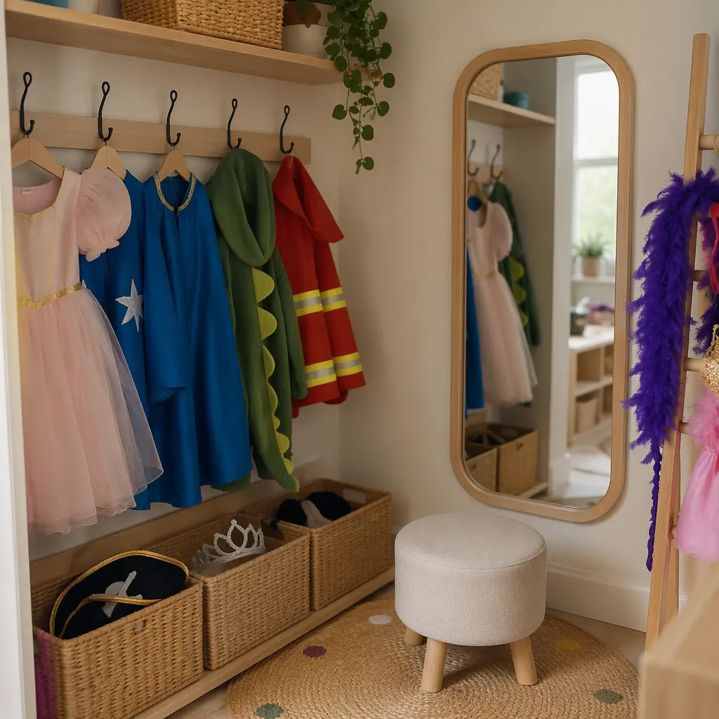 A simple dress-up station designed for young children to use independently.
