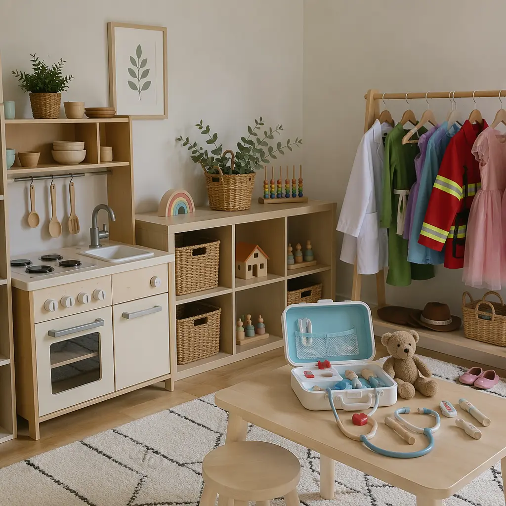 Pretend play toys arranged in a bright, calm playroom for young children.