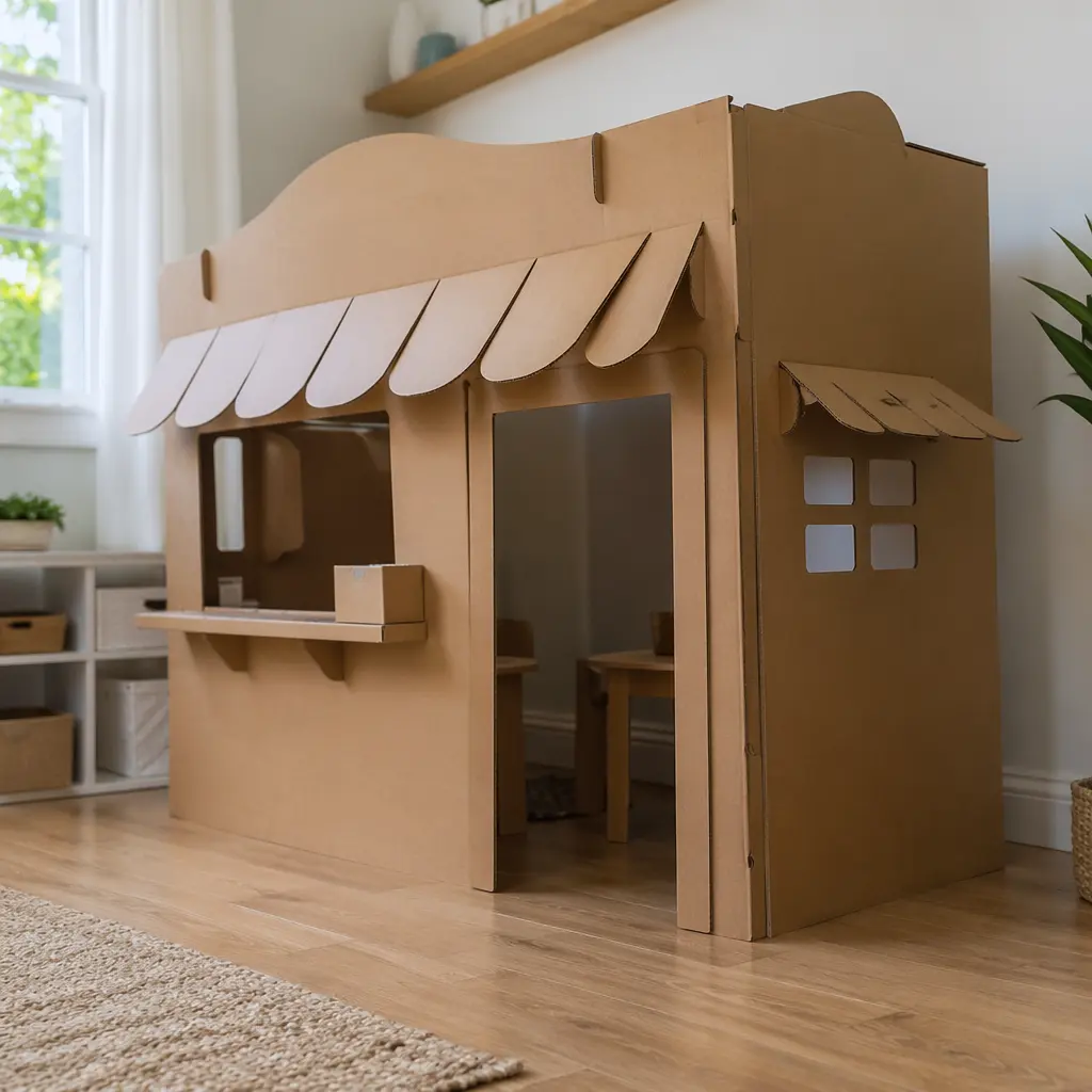 Cardboard pretend play structure built by kids in a living space