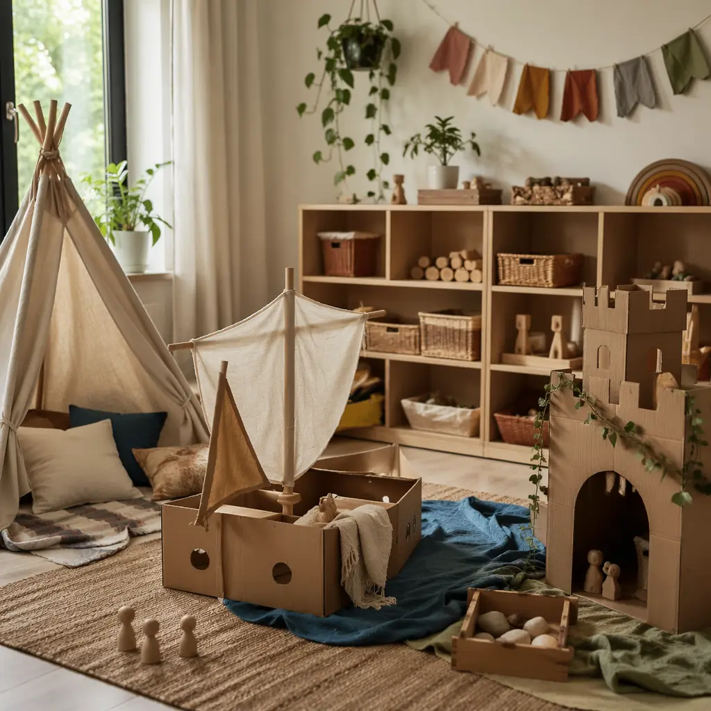 Screen-free pretend play setup in a bright playroom designed for independent play
