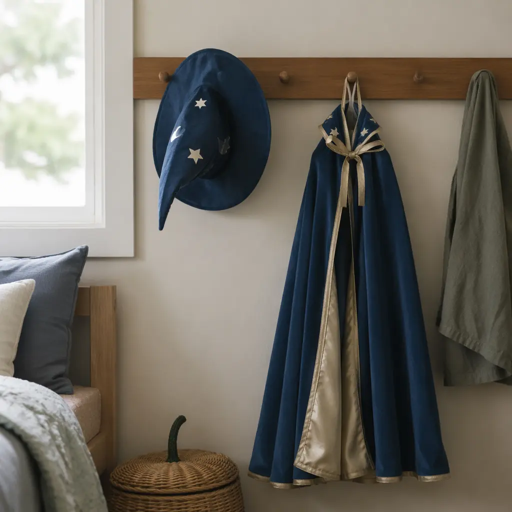 Easy-on pretend play costumes stored at child height