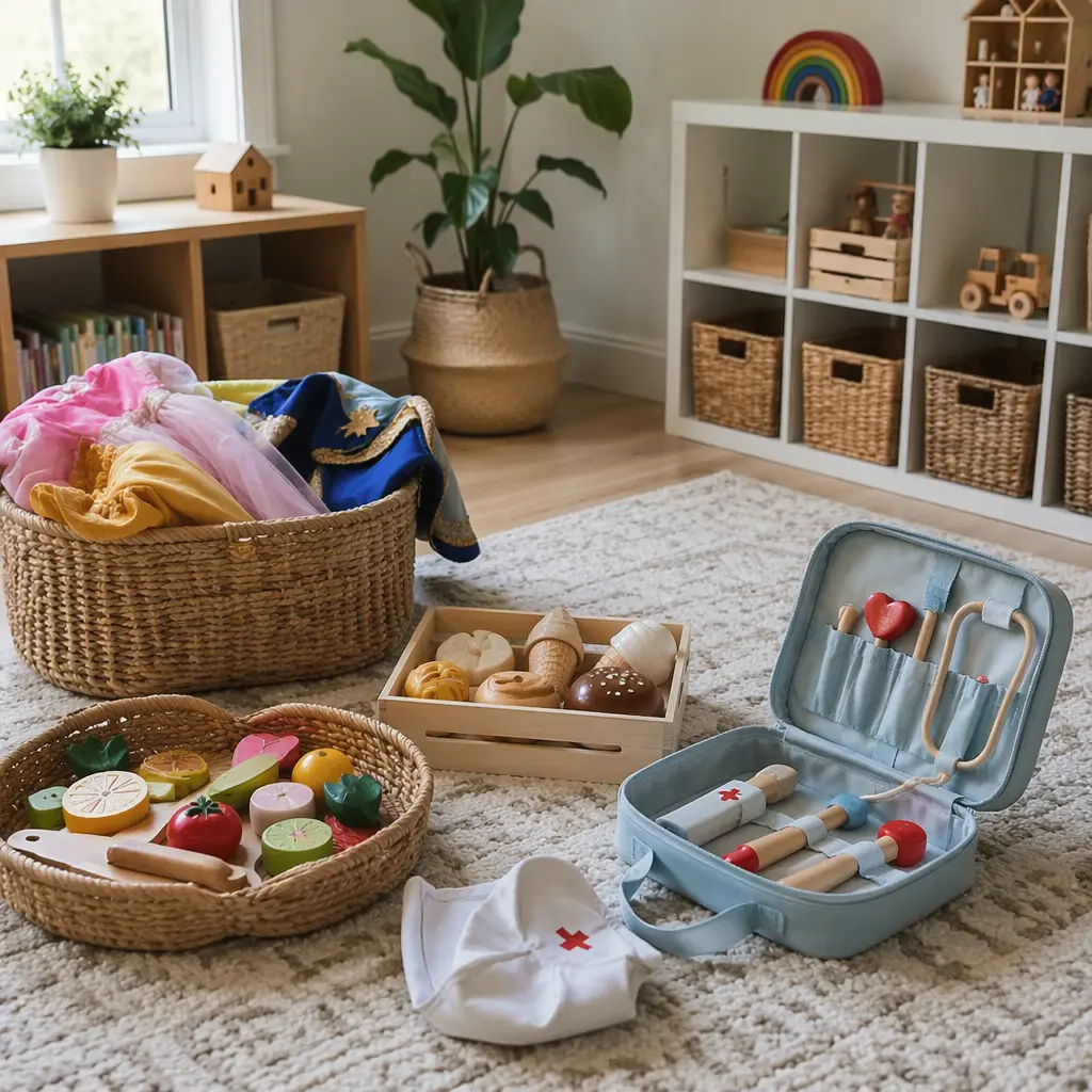 Pretend play toys arranged on a playroom rug, ready to use without setup