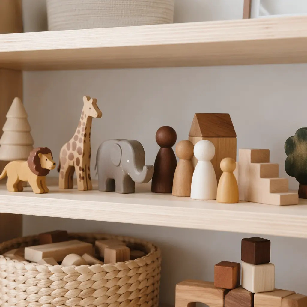 Simple pretend play accessories displayed on a low shelf