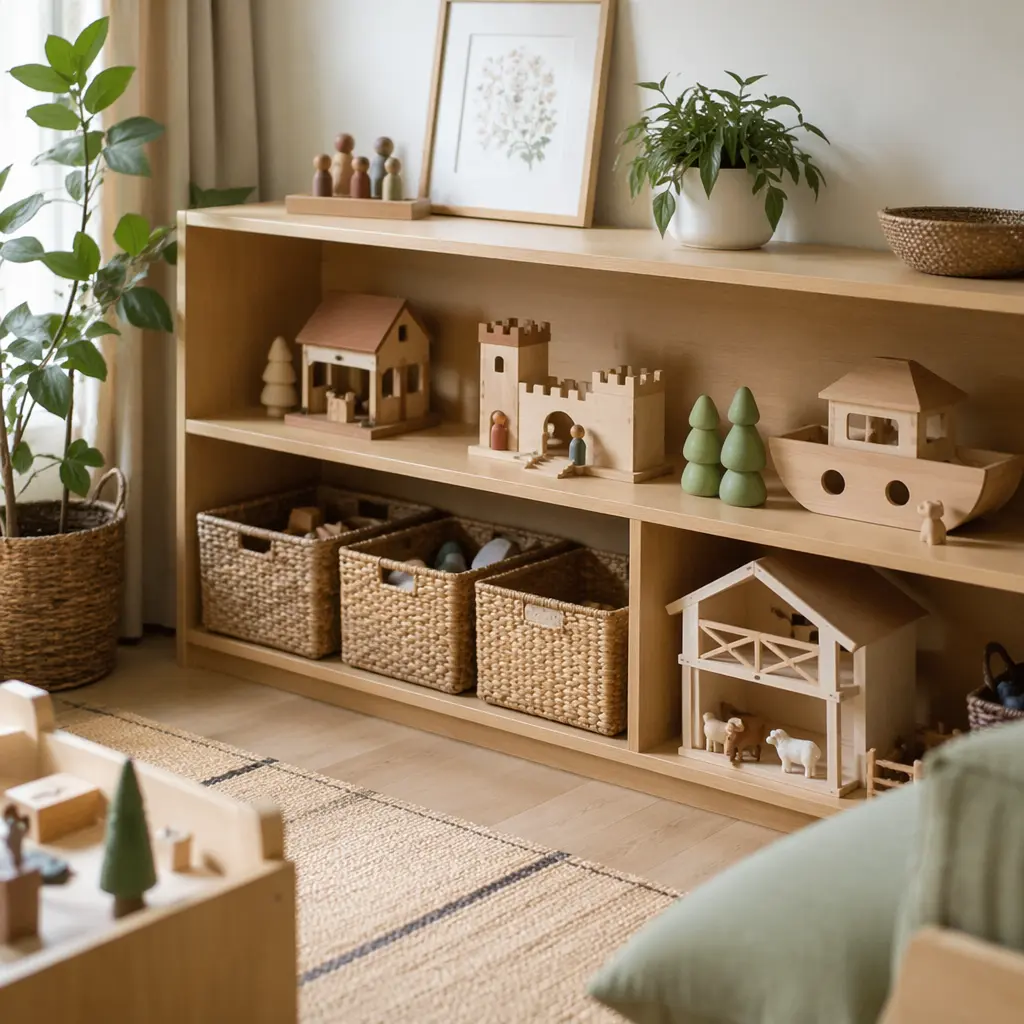 A calm play corner set up for independent pretend play