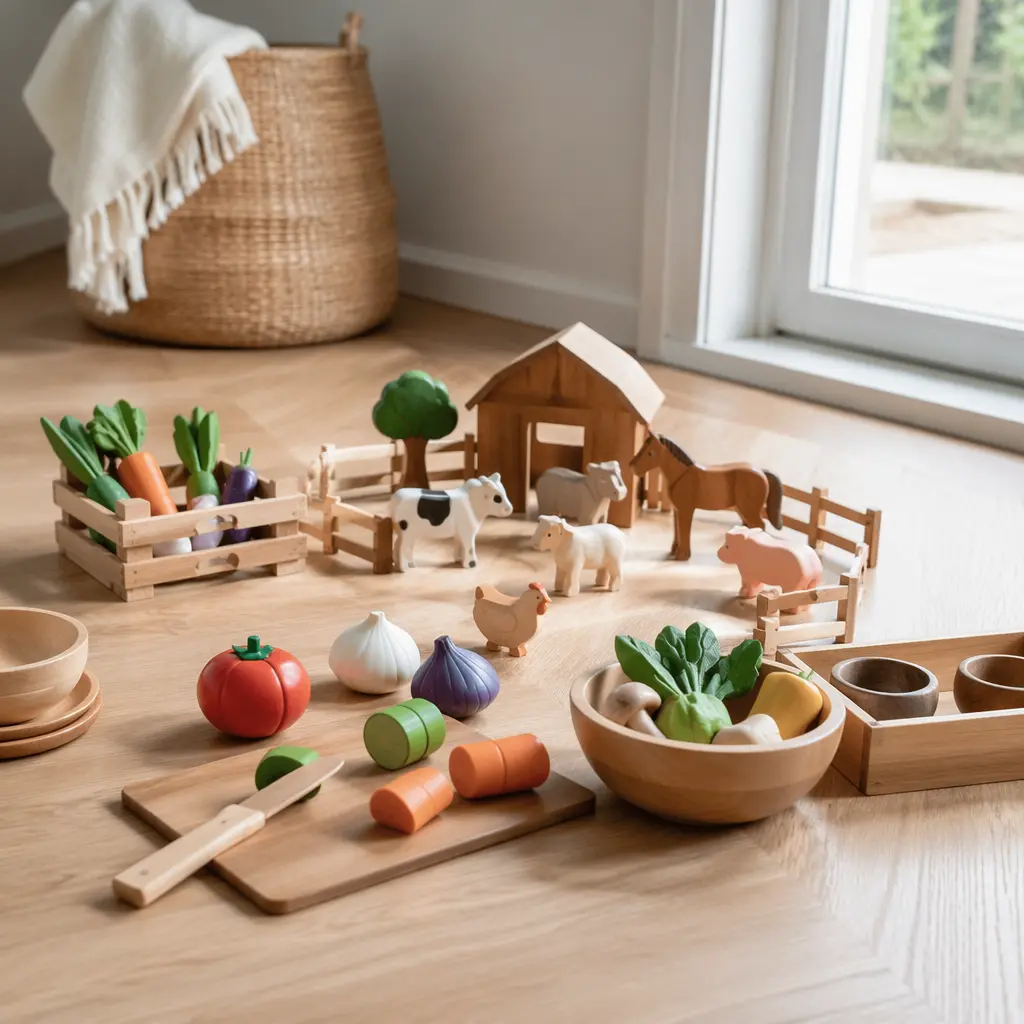 Open-ended pretend play toys arranged in a calm, sunlit play space