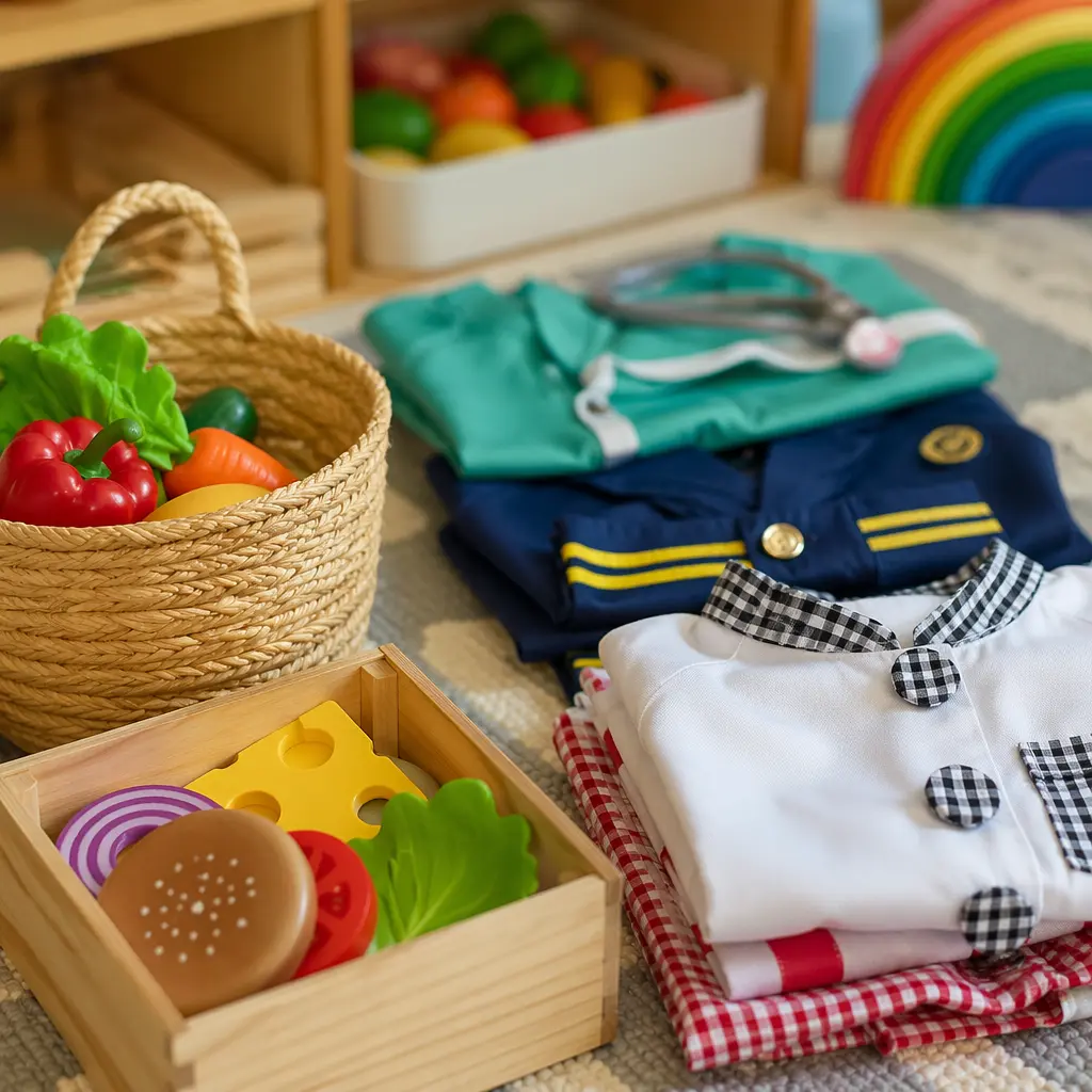 Close-up of pretend play accessories arranged for indoor play