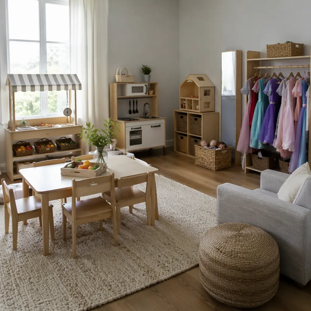 Indoor playroom set up with pretend play stations