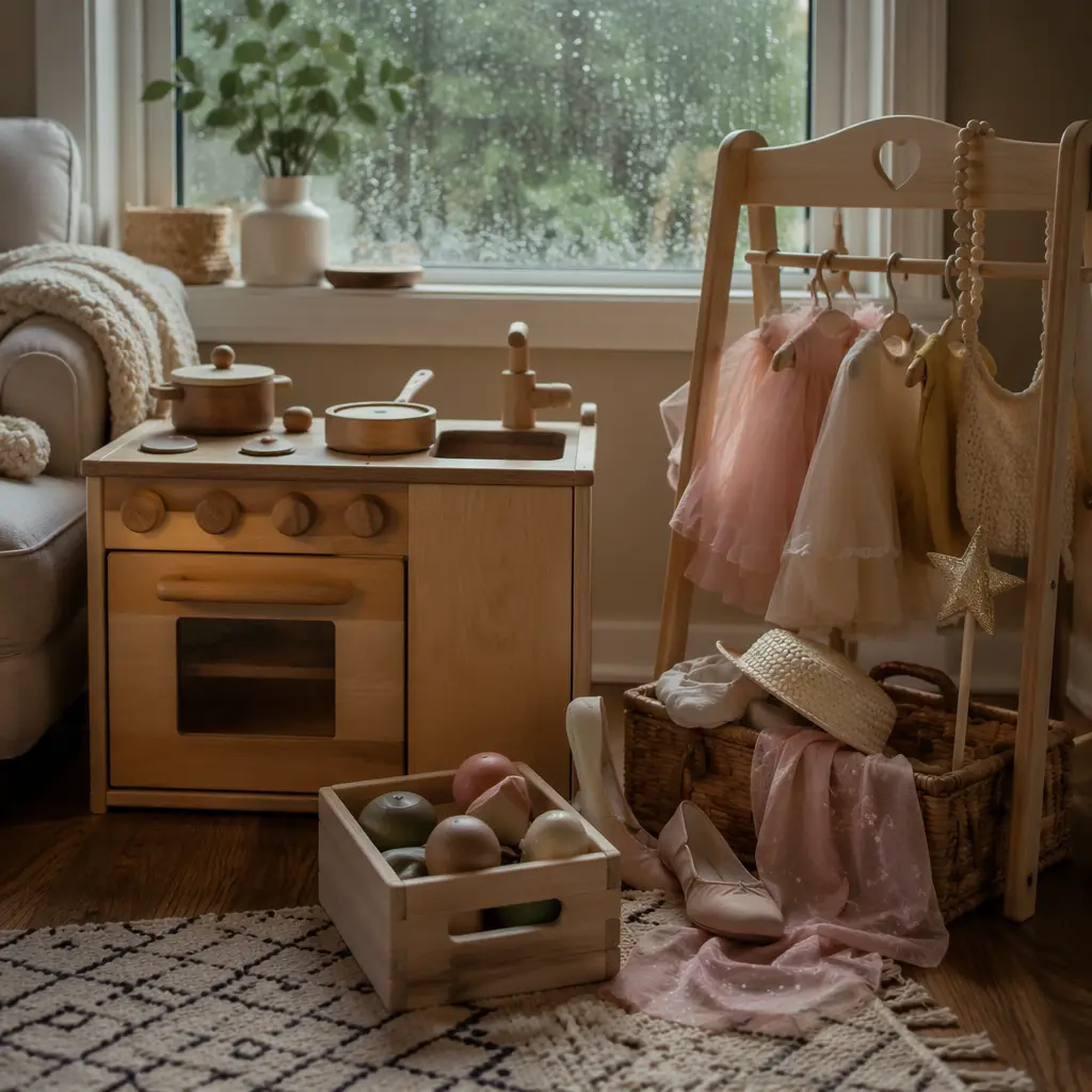 Pretend play toys set up for indoor play on a rainy day