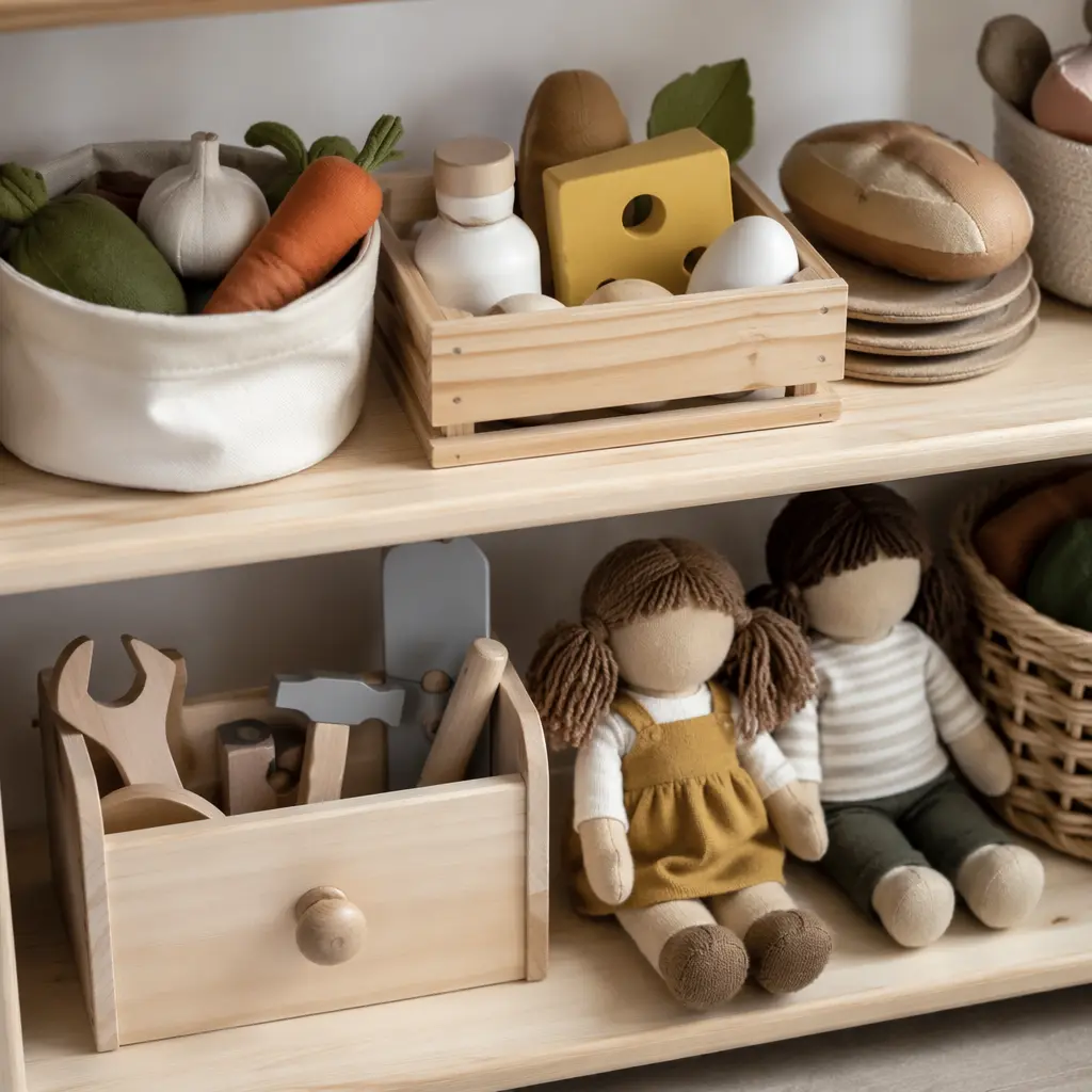 Wooden and fabric pretend play toys displayed on a shelf