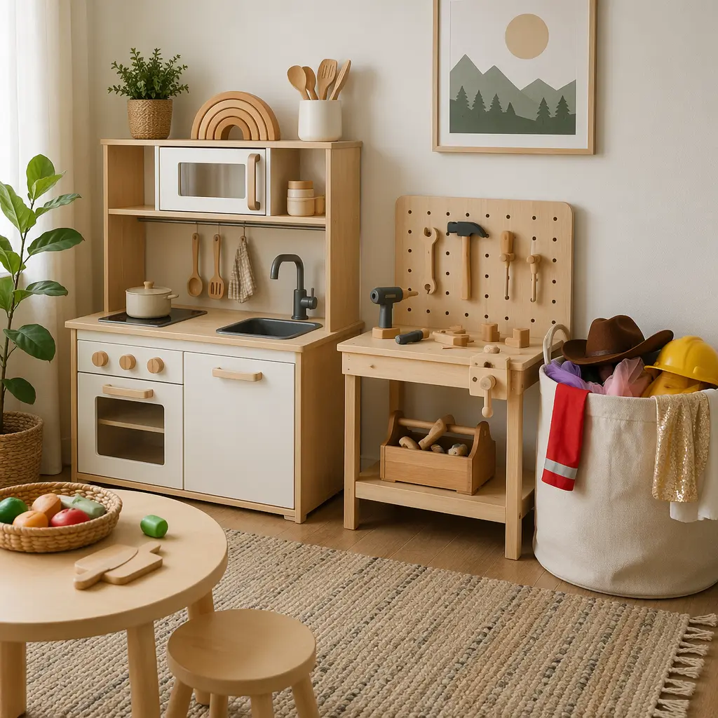 Organized pretend play area with kitchen and dress-up toys
