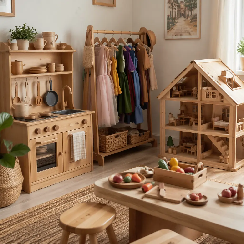 Screen-free pretend play toys arranged in a bright, modern playroom