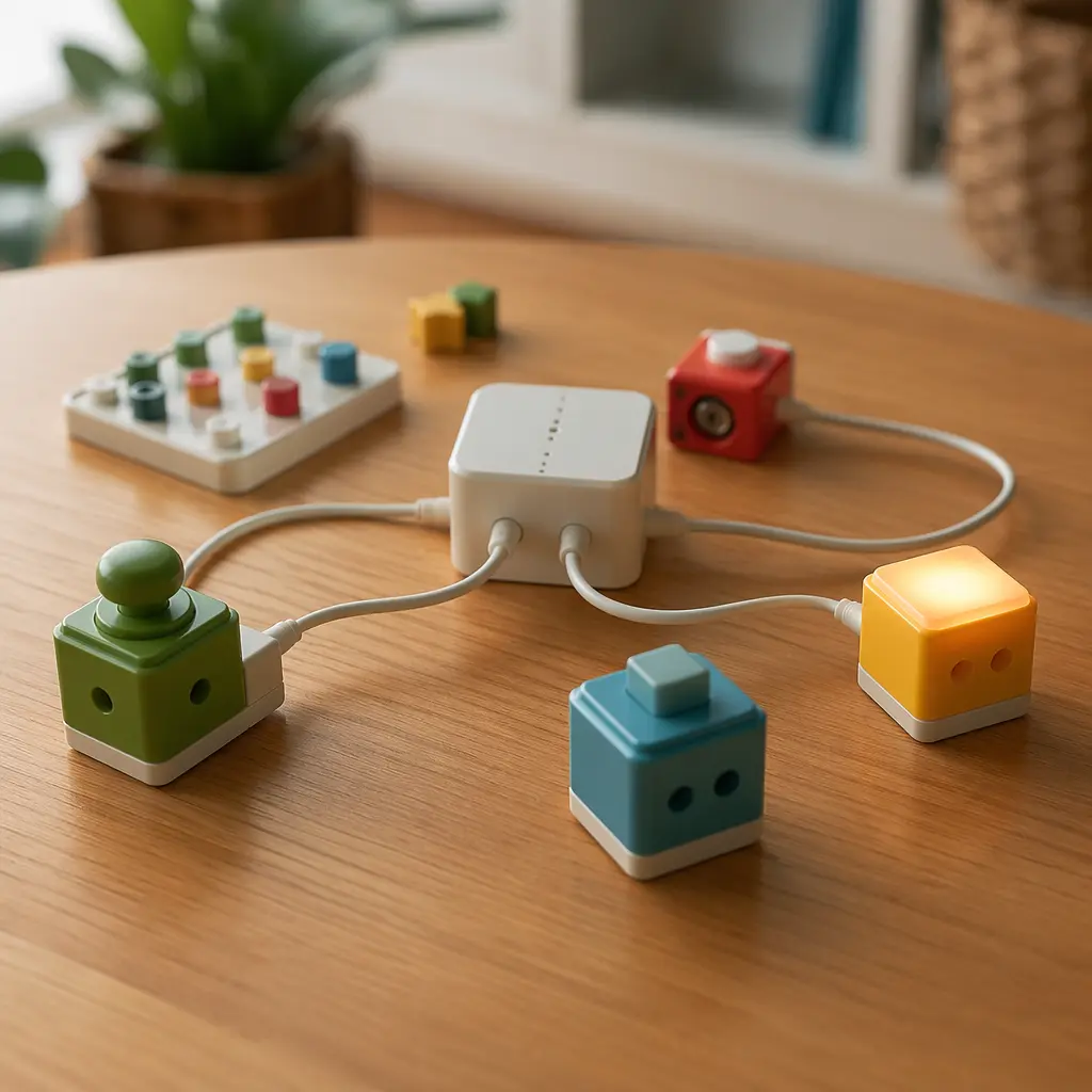 Close-up of connected programmable toy blocks on a table