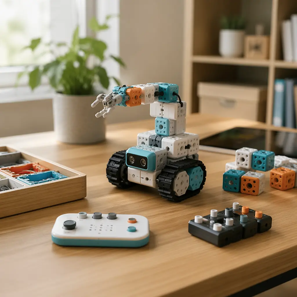 Programmable toy components arranged on a desk in soft natural light