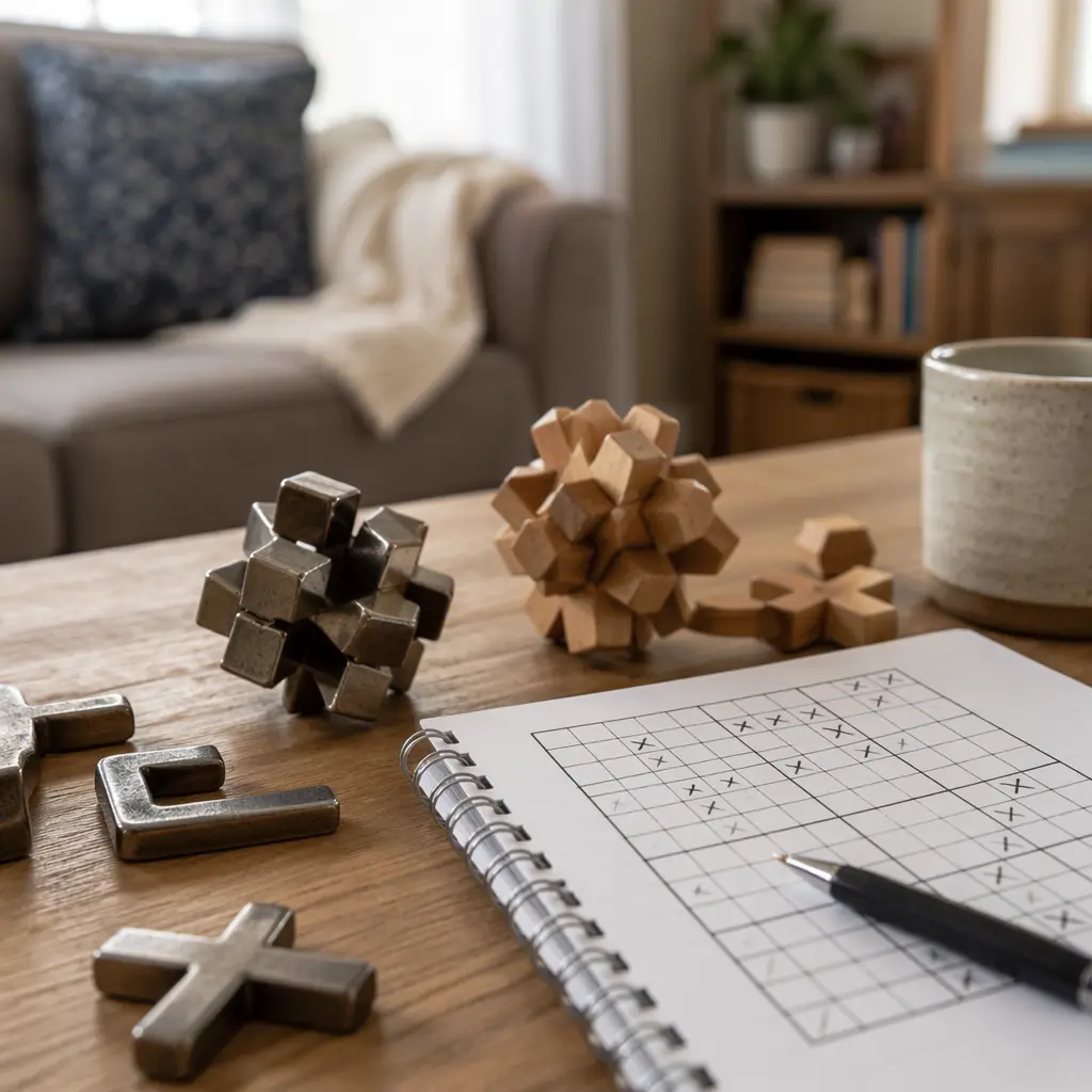 Logic and mechanical puzzle pieces set out on a table