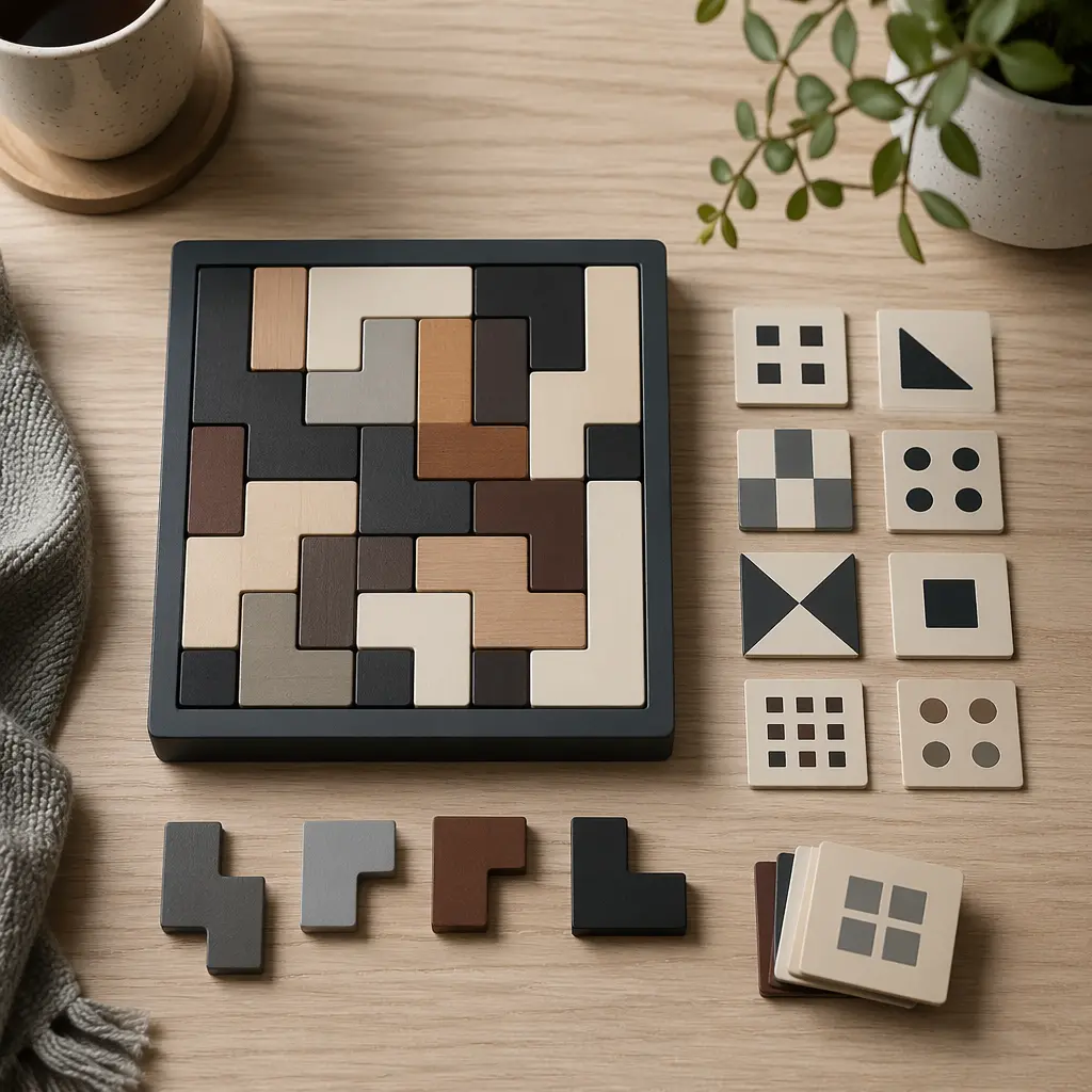 Brain teaser and strategy tiles arranged neatly on a desk