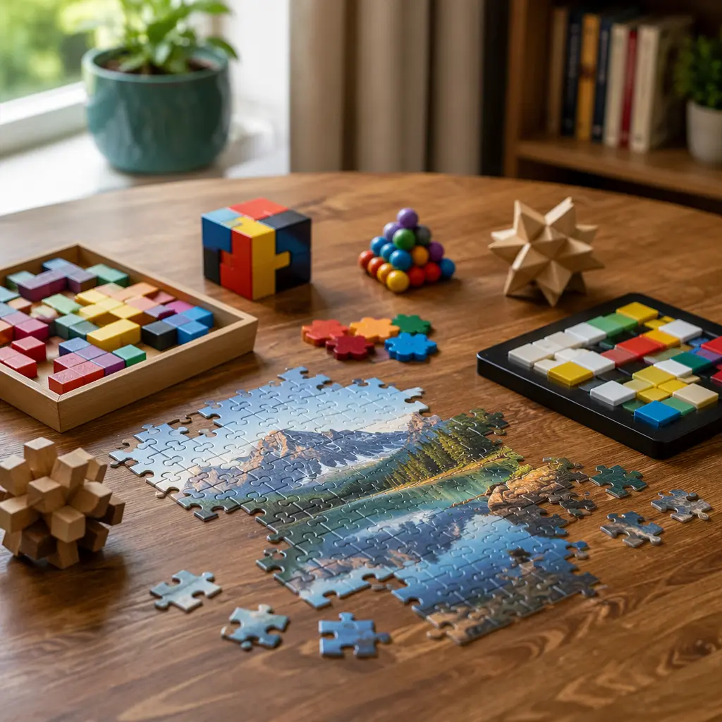 Assorted puzzle toys arranged on a table in soft natural light