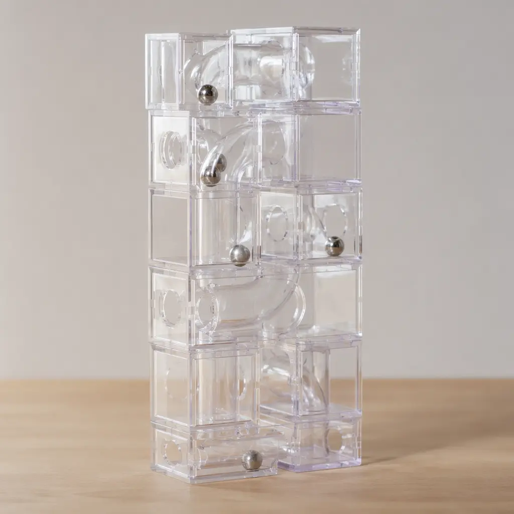 A tall transparent cube marble run with metal marbles inside