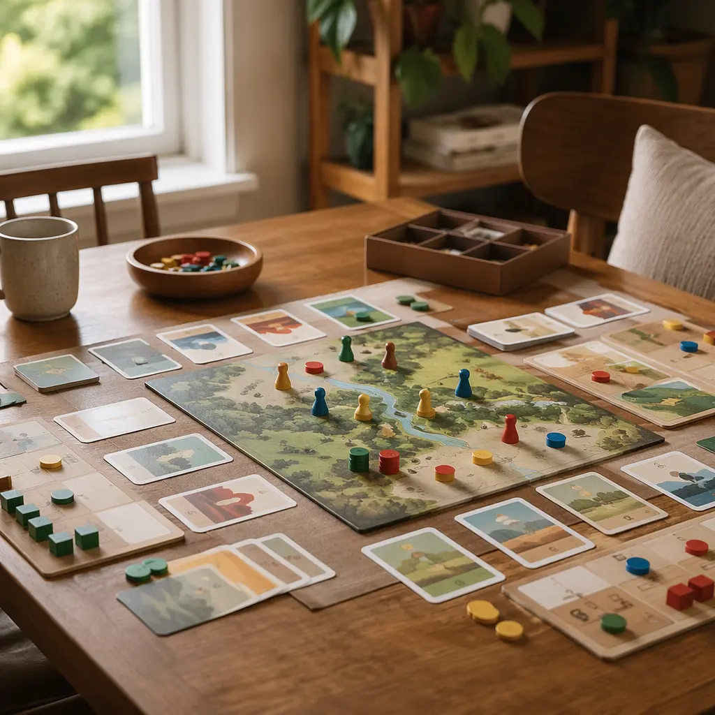 Simple board game setup showing cards and tokens on a table