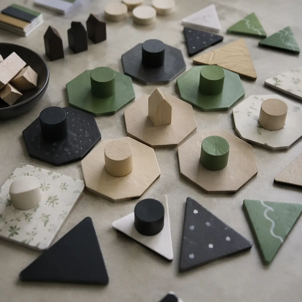 Abstract board game pieces arranged to suggest planning and strategy