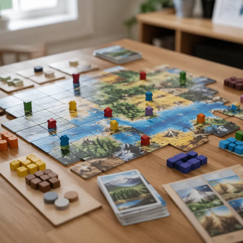 Board game pieces arranged on a table, suggesting strategic play without showing specific games