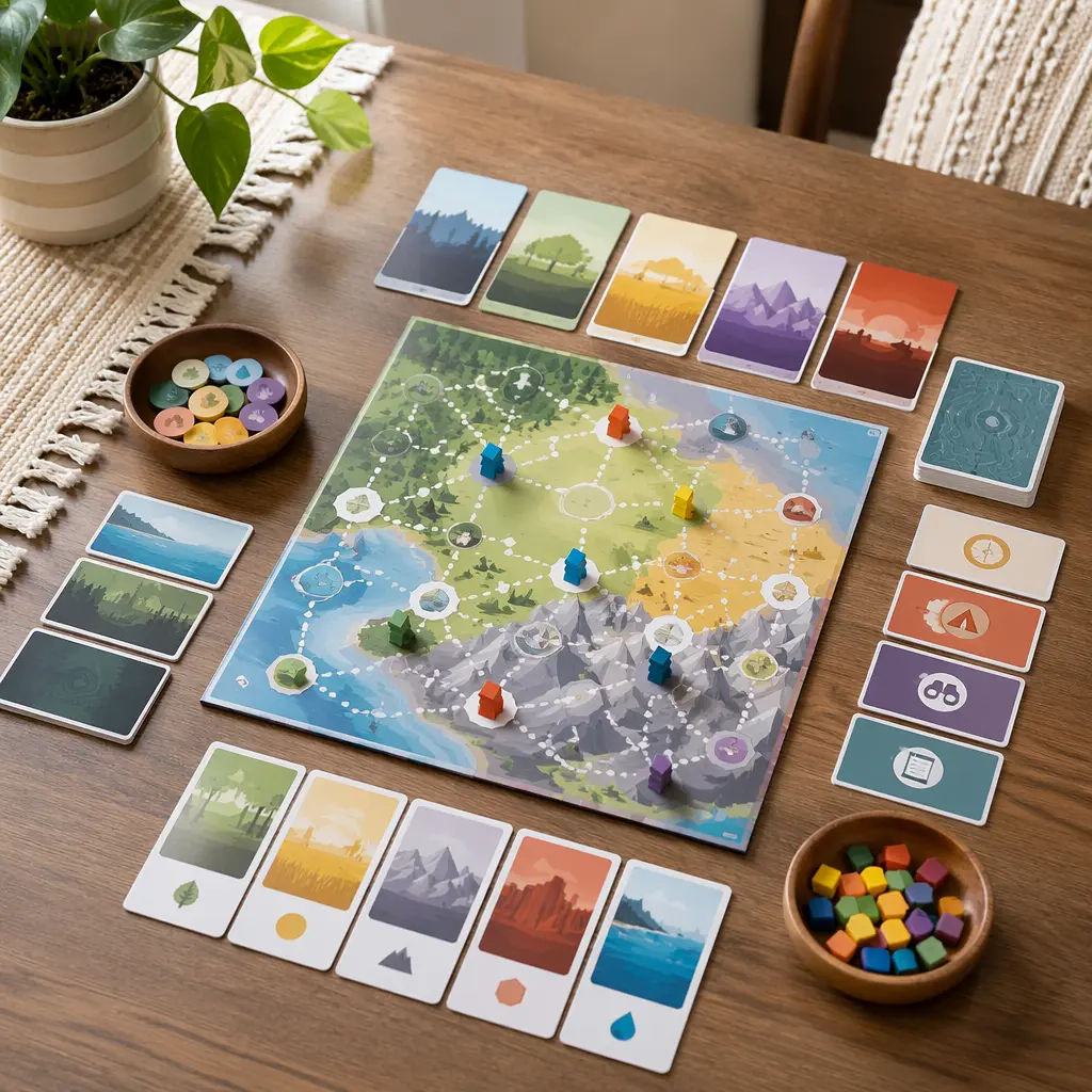 Simple family board game components arranged on a table