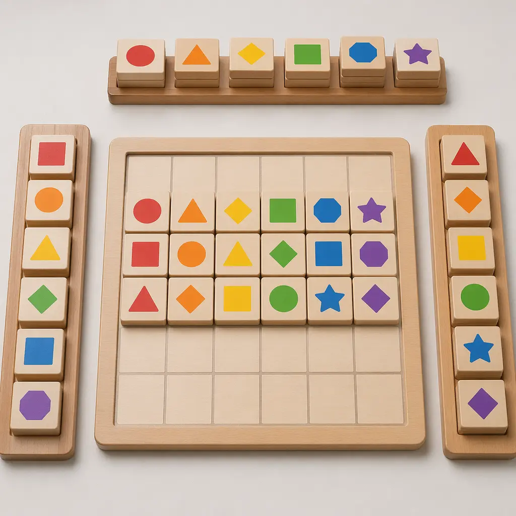 Colorful wooden tiles arranged in matching rows and columns in a pattern game