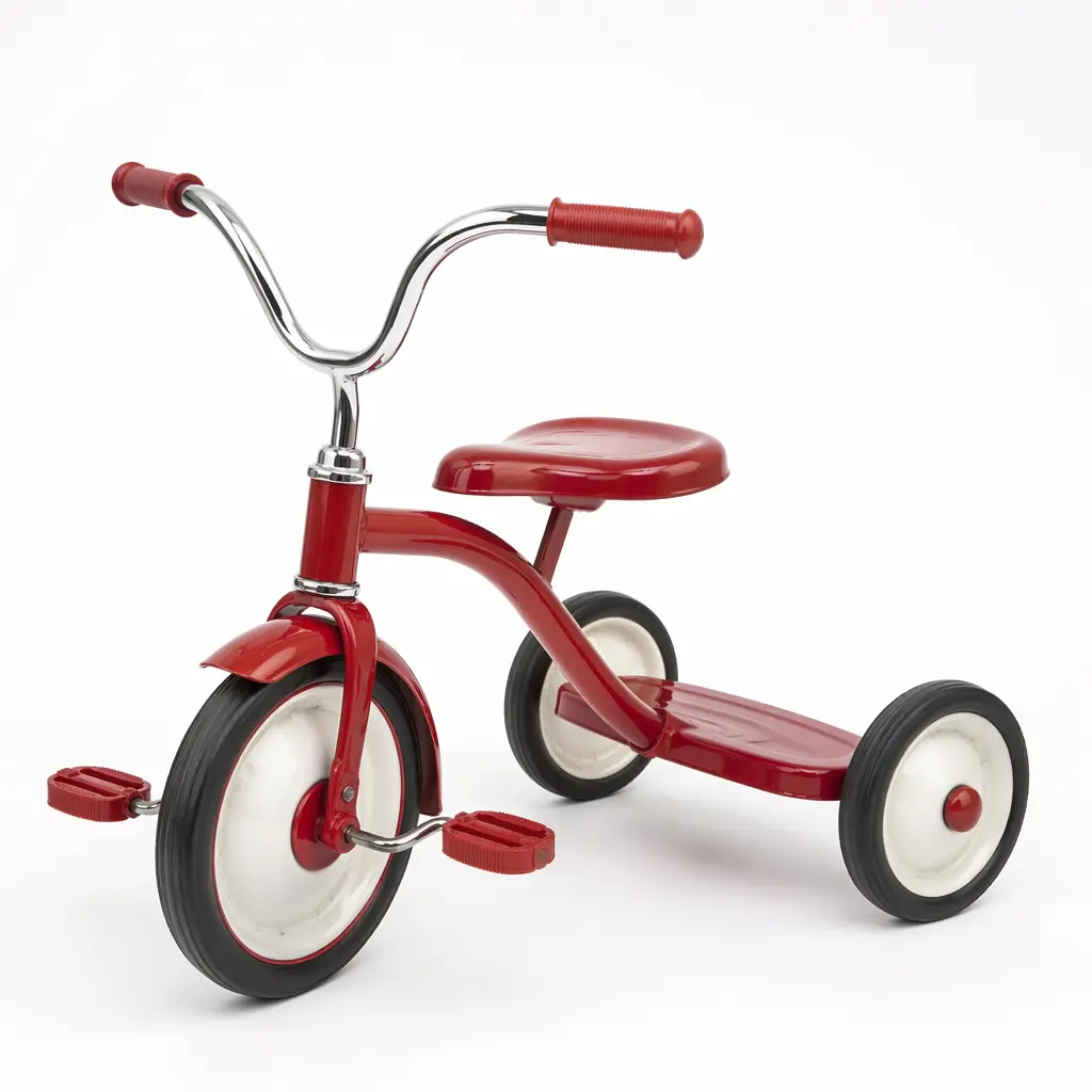 A classic red children's tricycle photographed in a studio setting