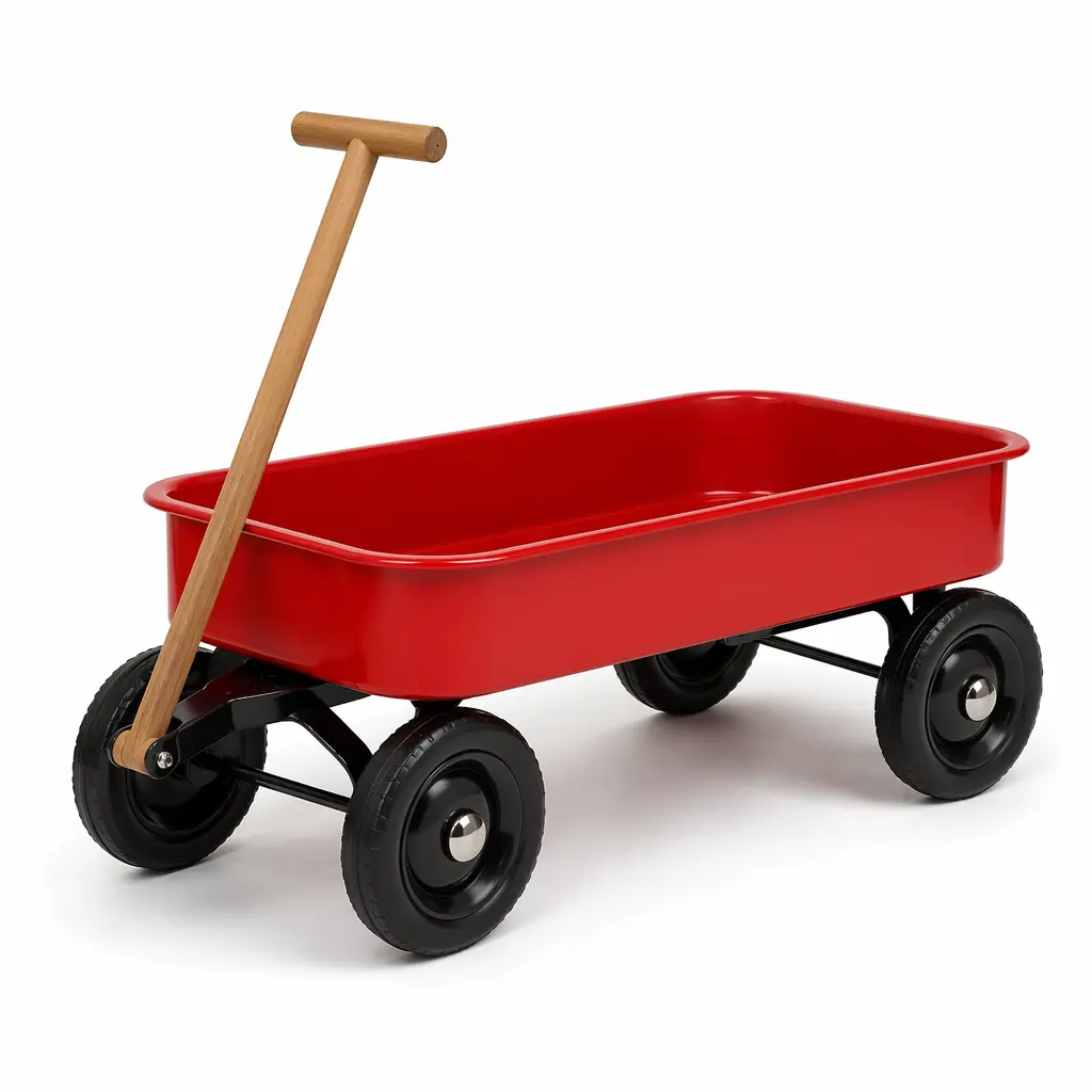 A classic red pull wagon with black wheels and a wooden handle