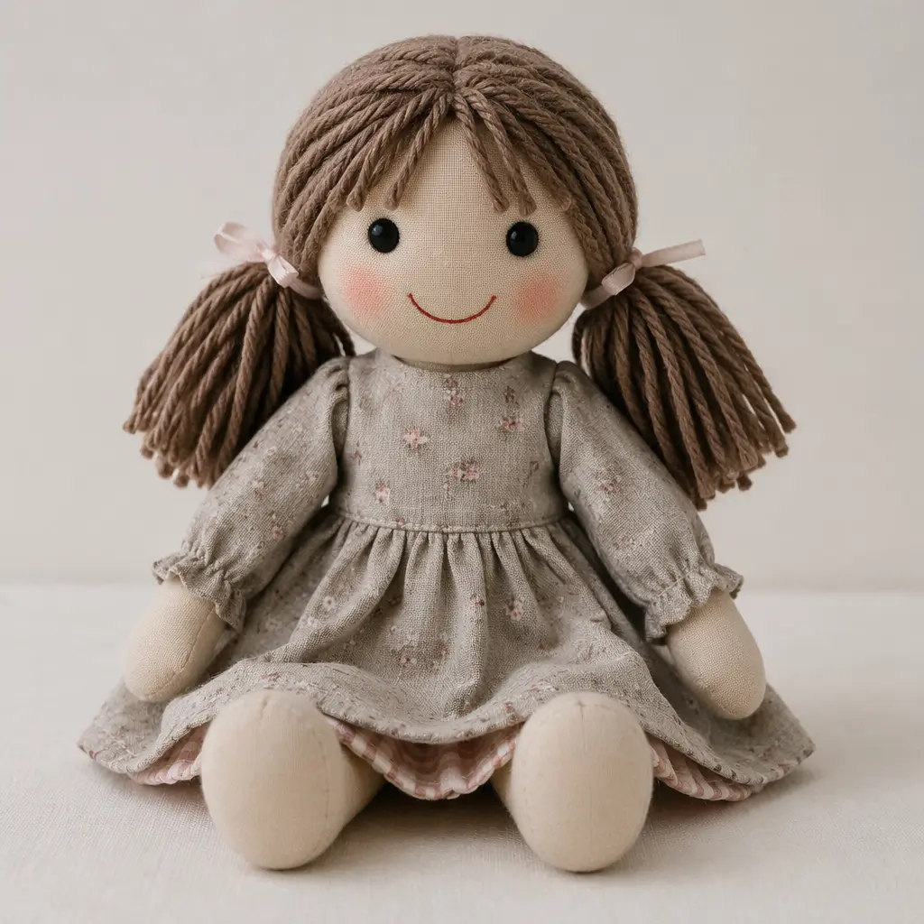 A classic cloth rag doll with yarn hair and a stitched smile on a neutral background