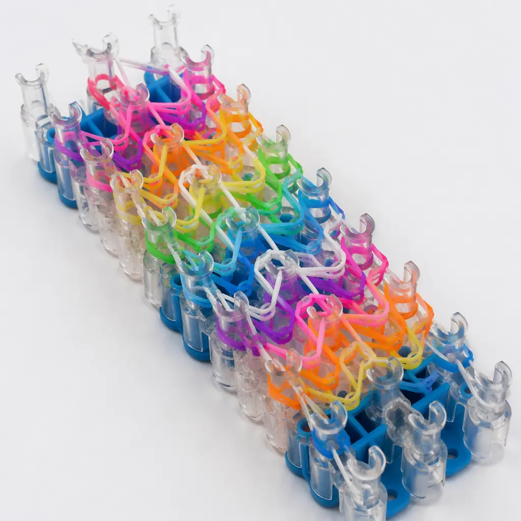 A colorful rubber band bracelet loom set laid out in a studio setting