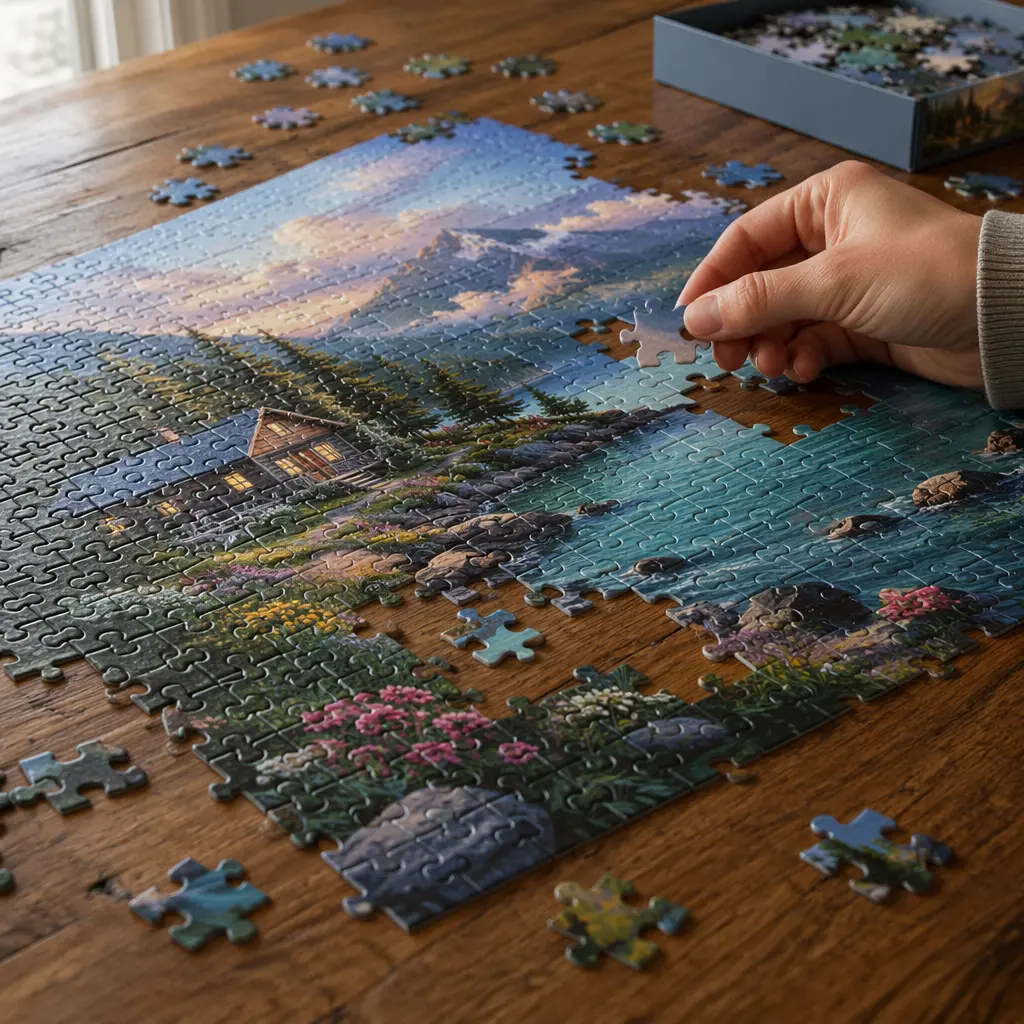 A partially completed jigsaw puzzle on a wooden table, showing thick, well-fitting pieces in natural light.