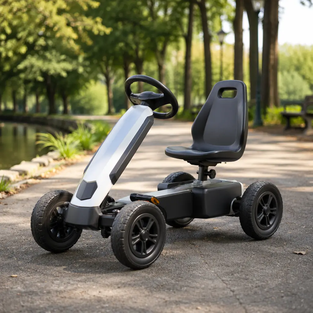 Preschool-sized ride-on toy with sturdy wheels outdoors