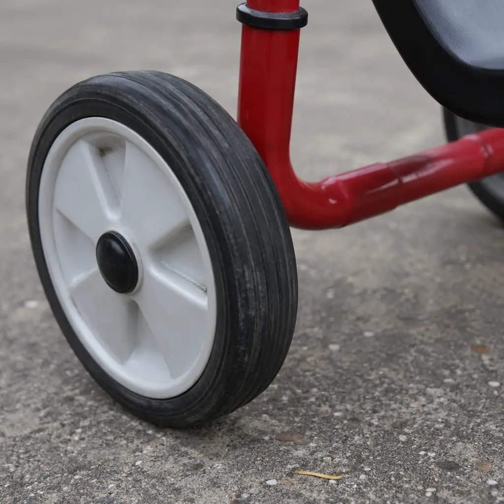 Close-up of durable wheels on a preschool ride-on toy