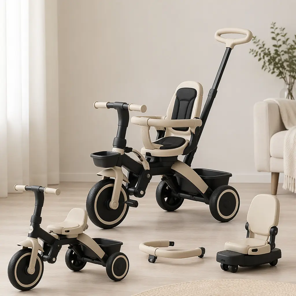 A ride-on toy showing adjustable features that allow it to change as a child grows.