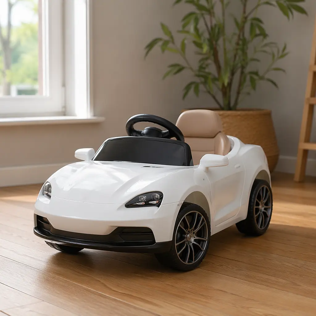 A convertible ride-on toy designed to grow with a young child, shown in a bright, neutral play space.
