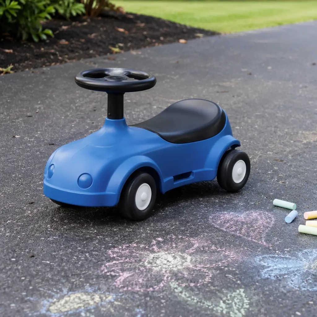 A simple ride-on toy outdoors, suggesting open-ended play for preschool-aged children.