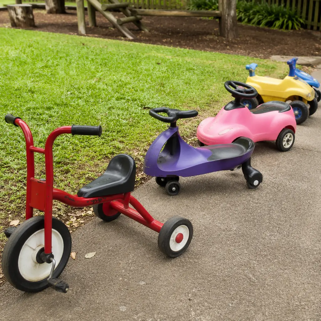Multiple ride-on toys in a preschool play space, highlighting different styles for ages three to five.