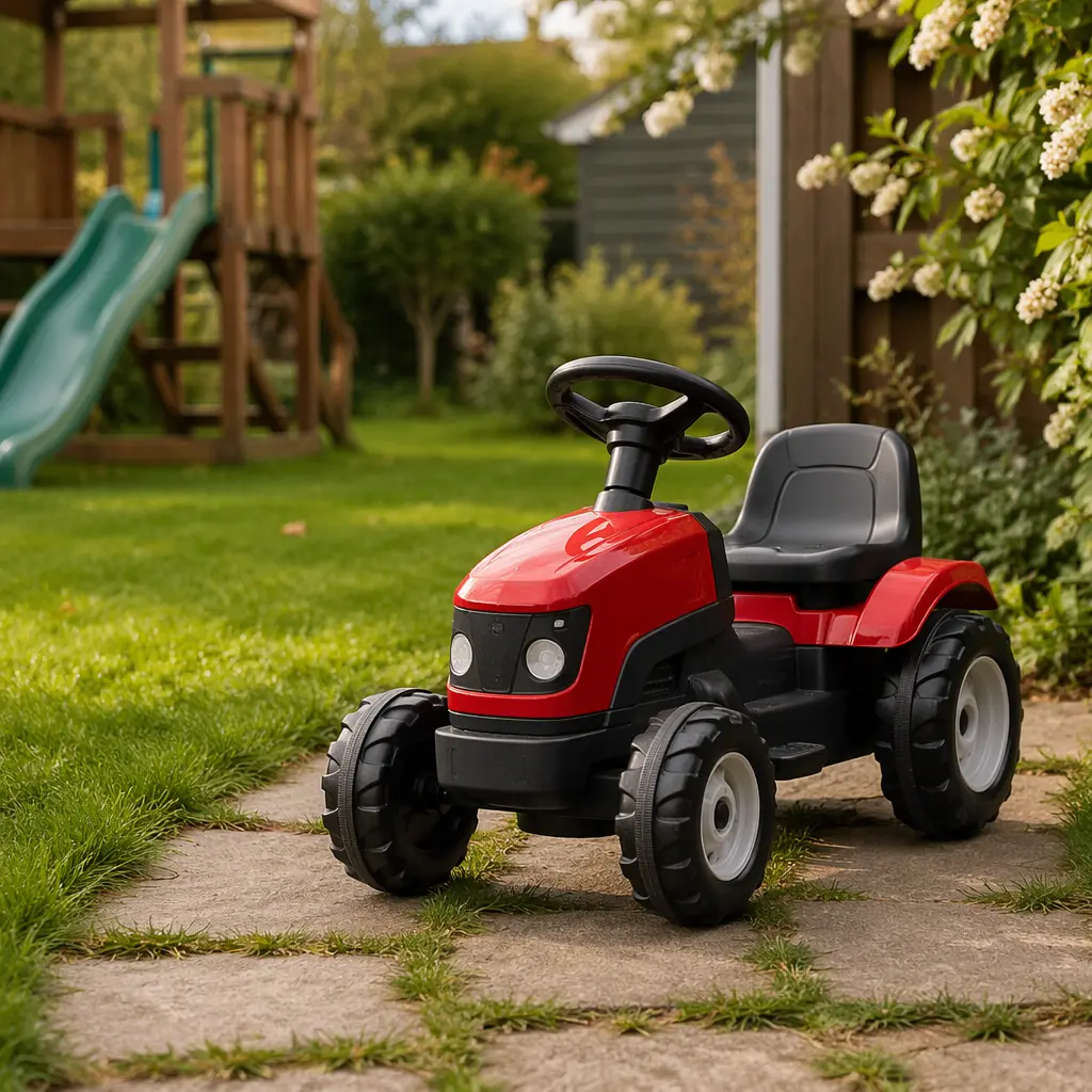 A durable ride-on toy set in a backyard play space, suggesting long-term outdoor play for preschoolers.
