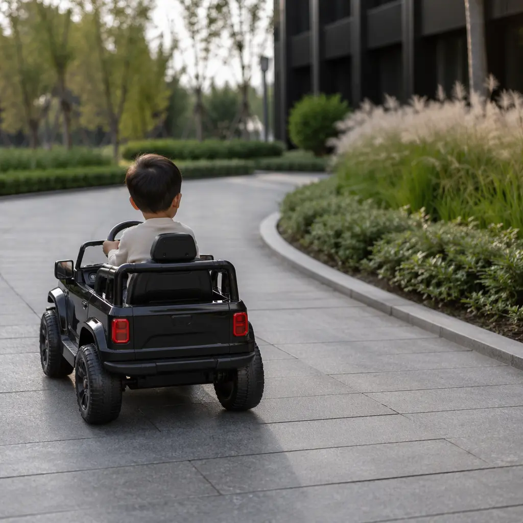 Ride-on toy positioned on a curved path to suggest turning practice