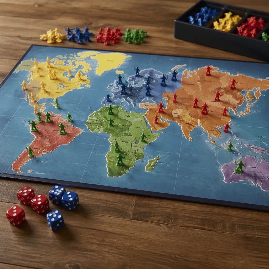 A classic world-map strategy board game with colorful army pieces and dice