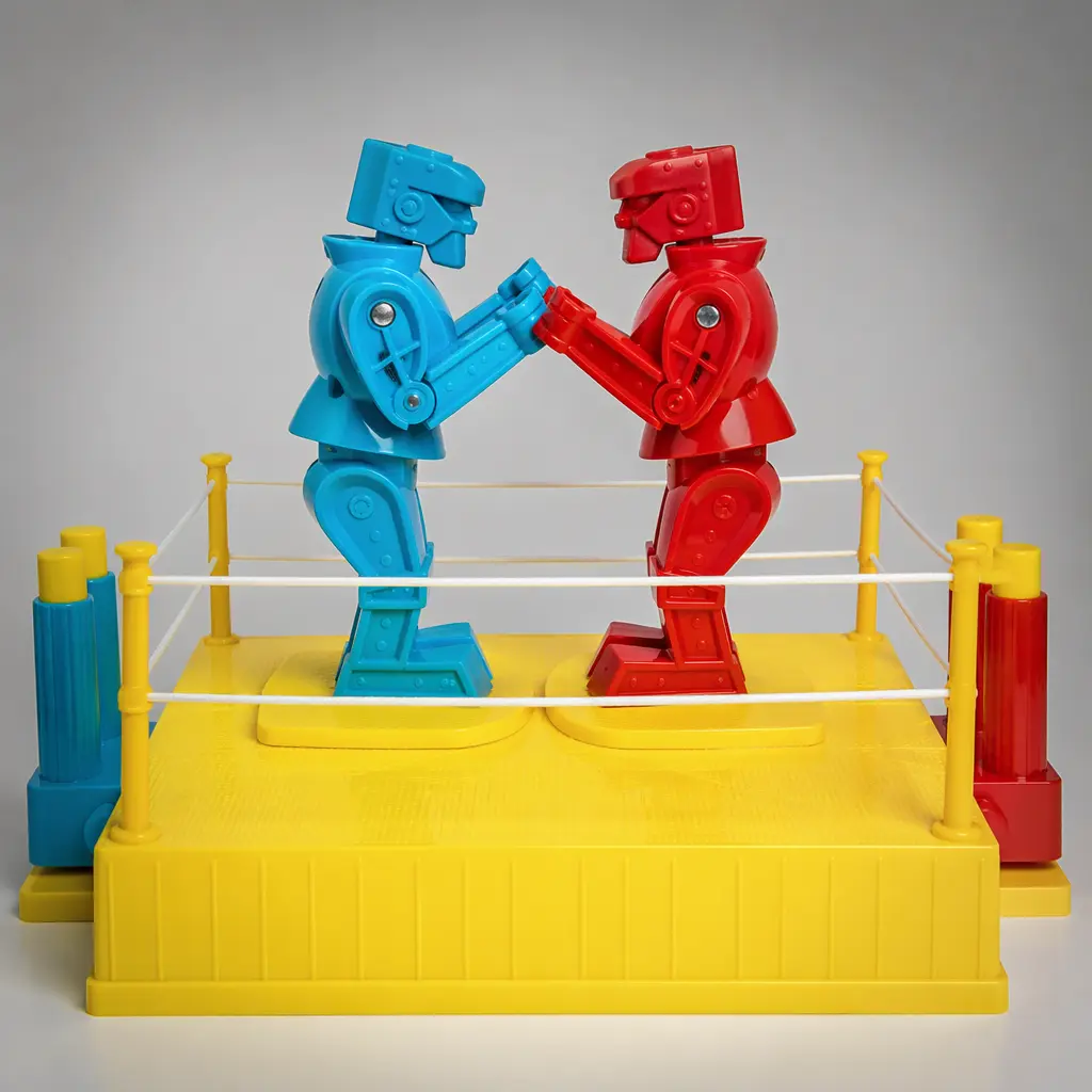 A classic tabletop boxing robot game with two colorful robots squaring off in a ring