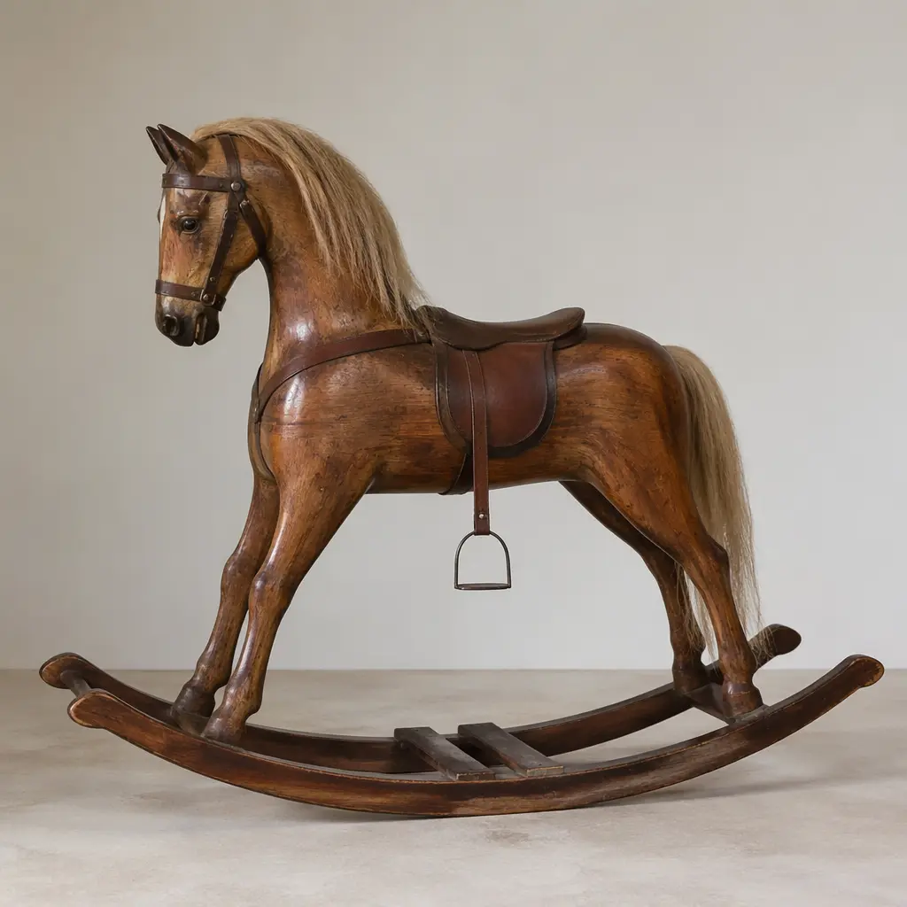 A classic wooden rocking horse on curved rockers