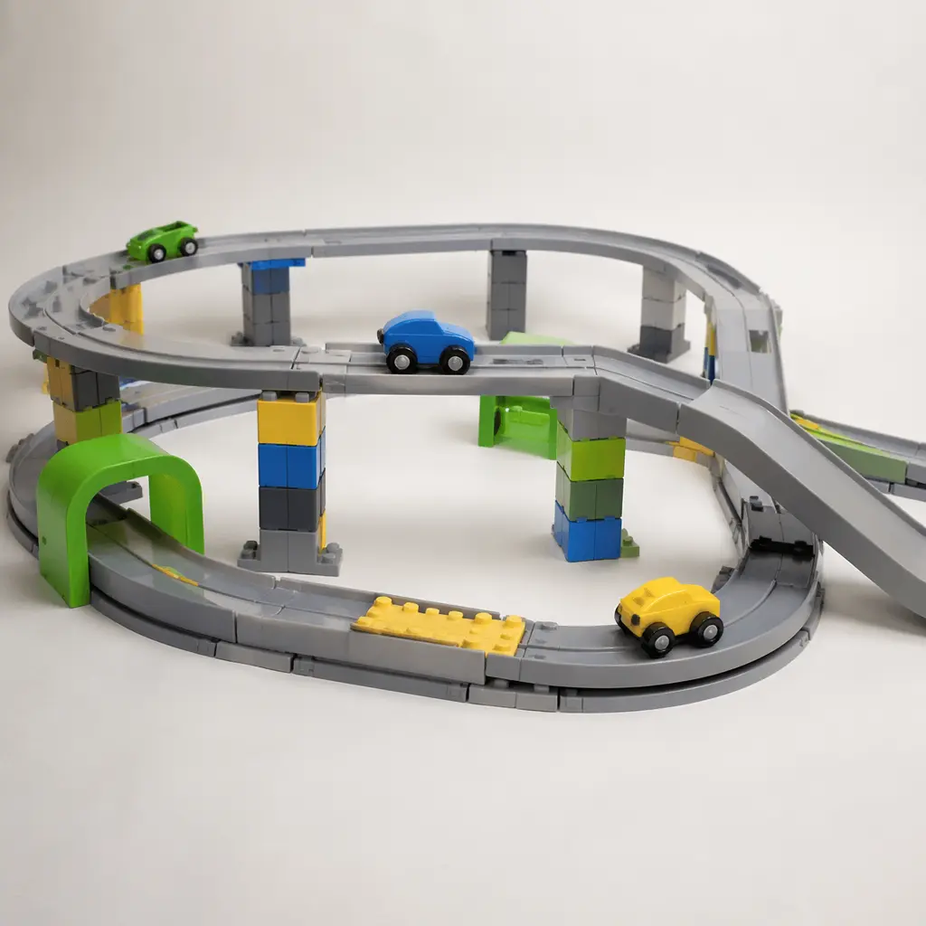 A modular construction set with tracks, ramps, and small vehicles arranged into a working course